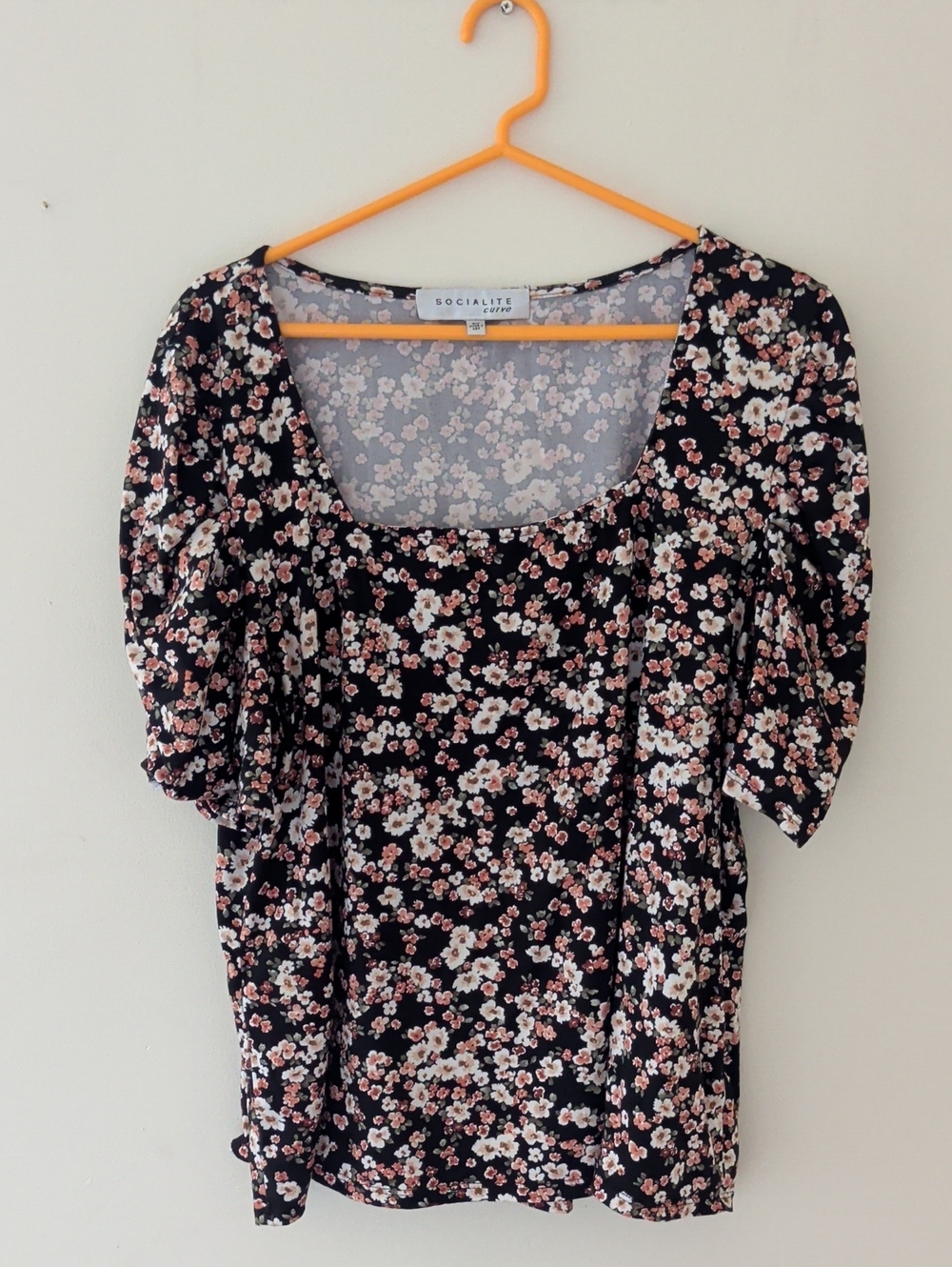 Socialite Black Floral Scoop Neck Blouse with Pink & Cream Blossoms